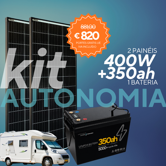 Kit Autonomia para Autocaravana 350Ah lítio + 400W Solar | 1 Bateria LiFePO4 + 2 Painéis 200W