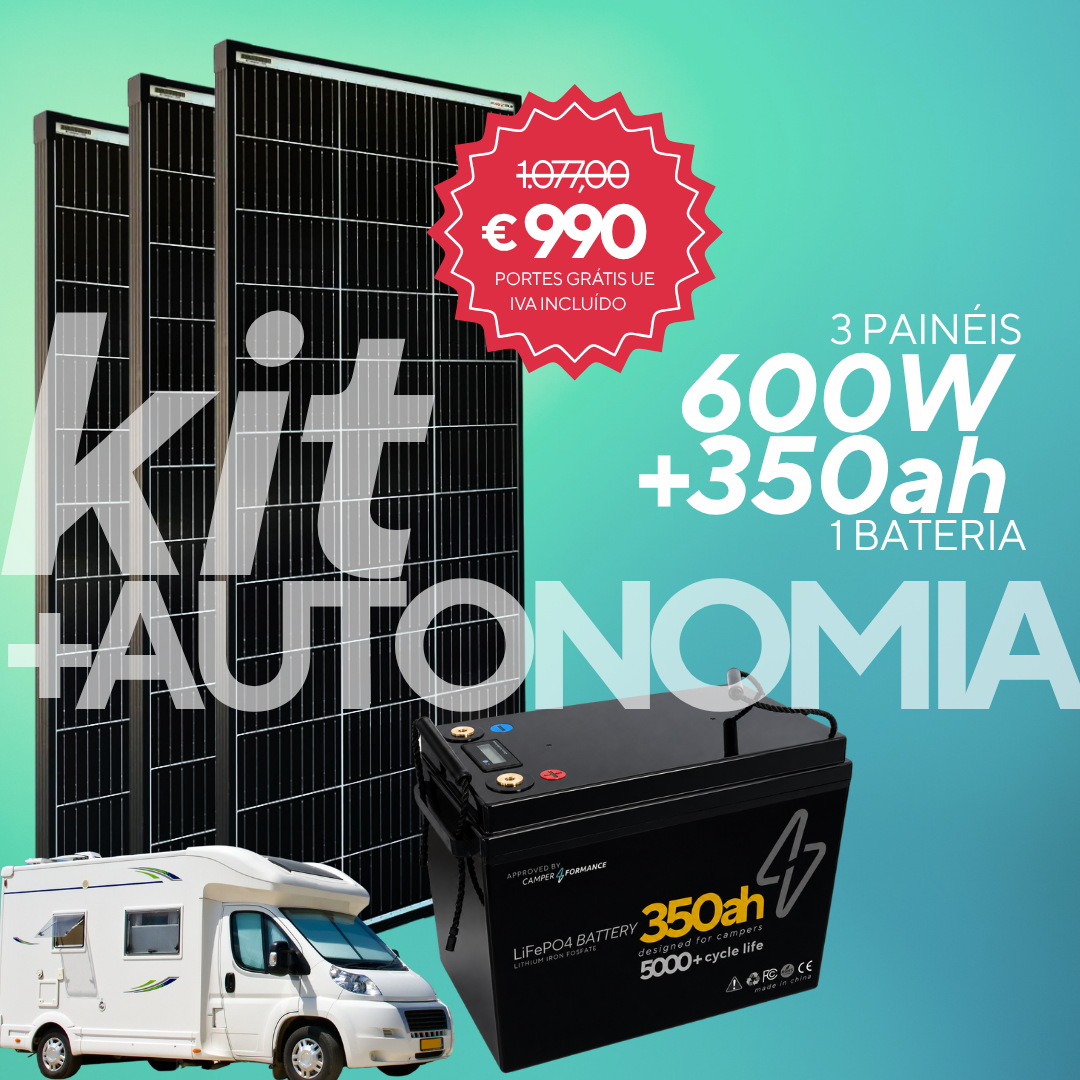 Kit +Autonomia para Autocaravana 350Ah lítio + 600W Solar | 1 Bateria LiFePO4 + 3 Painéis 200W (Cópia)