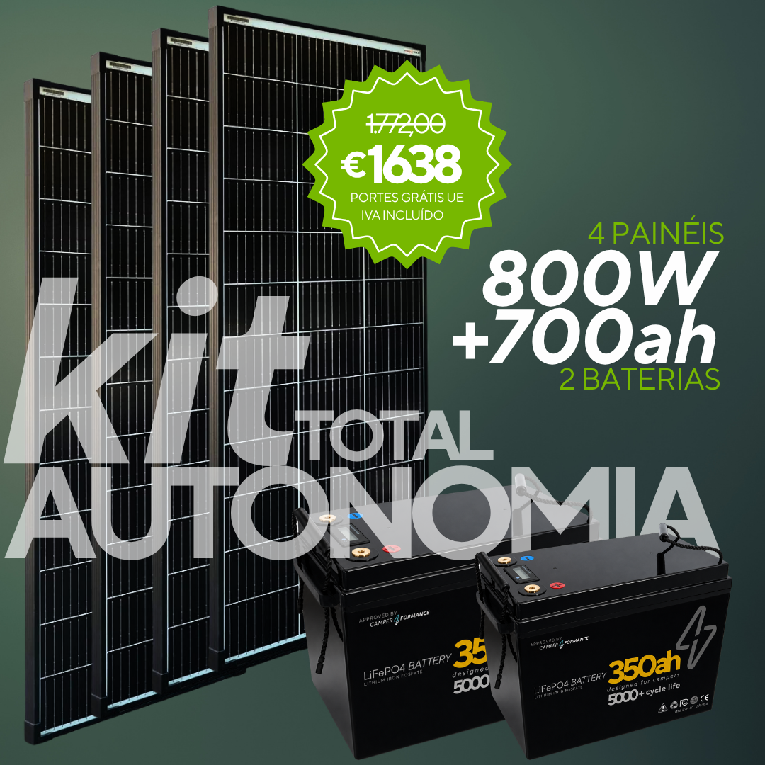 Kit Total Autonomia para Autocaravana 700Ah lítio + 800W Solar | 2 Baterias LiFePO4 + 4 Painéis 200W