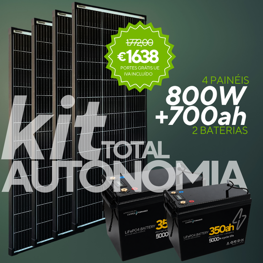Kit Total Autonomia para Autocaravana 700Ah lítio + 800W Solar | 2 Baterias LiFePO4 + 4 Painéis 200W